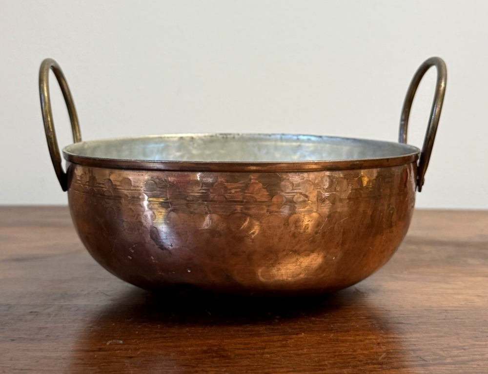 Vintage Hammered Copper Bowl Pot Tin Lined Brass Handles 6" Two Handle